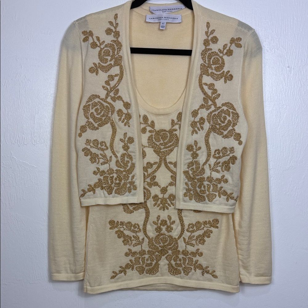 Carolina Herrera 2-Piece Virgin Wool Cardigan Tank Set Gold Embroidered M - Picture 2 of 12